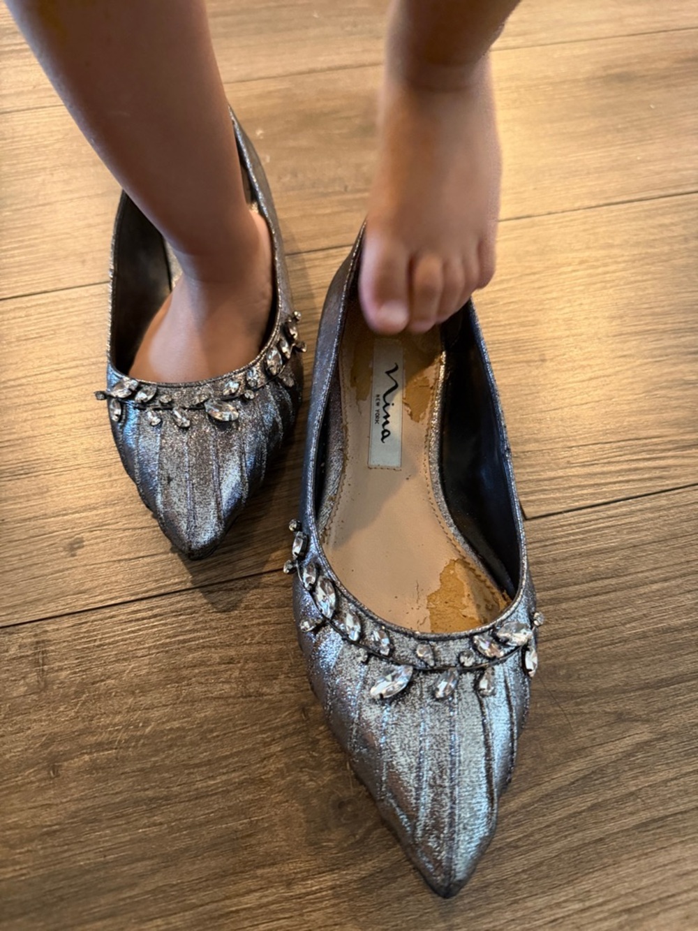 Nina Silver Jeweled Pointed-Toe Flats